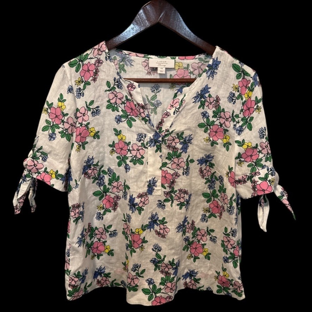 Charter Club‎ Luxury Womens Petite Medium 100% Linen Blouse Cottagecore Grandma